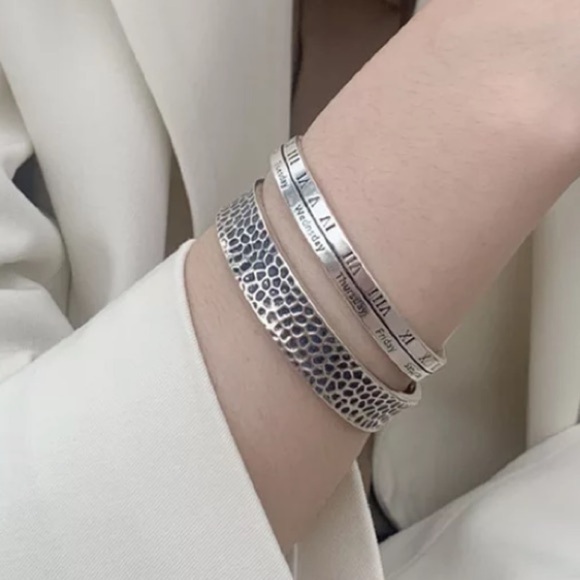 Sterling Silver Embossed Bangle Bracelet Matching Ring Set - Picture 2 of 12